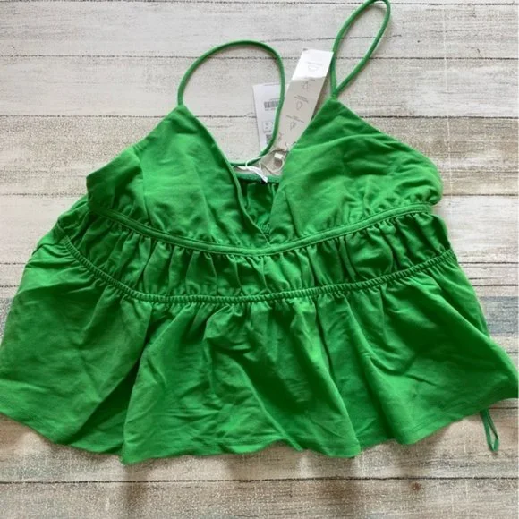 Zara Green Ruffled Cropped Tank Top Size L - Picture 1 of 9